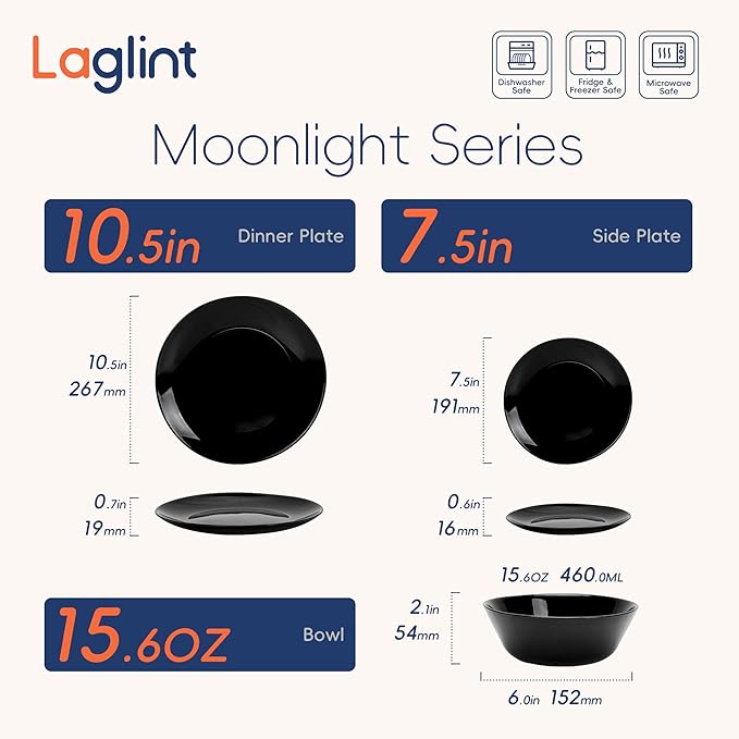 Dinnerware Sets for 4, LaGlint 12 Pieces Opal Glass Plates and Bowls Set, Dishwasher and Microwave Safe Dish Dinning Ware, Chip and Scratch Resistant Dishware Black