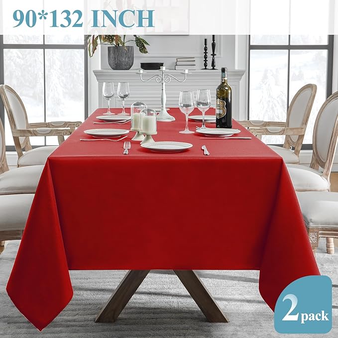 VidaFete Tablecloth 2 Pack 90 * 132inch Rectangle Table Cloth Polyester, Stain Wrinkle Resistant Polyester Dining Table Cover for Kitchen Dinning Party Wedding Rectangular Buffet Decoration(Red)