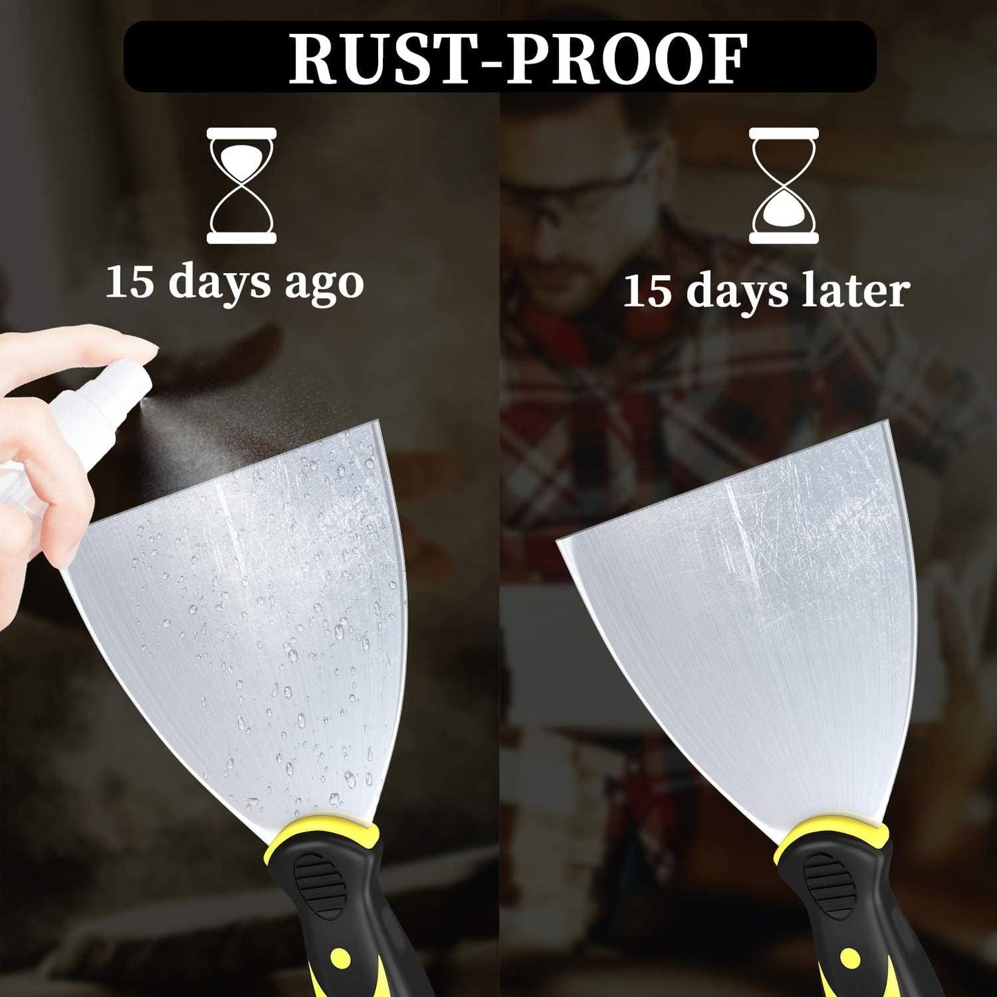 DEKEones Putty Knife Scrapers, Spackle Knife, Metal Scraper Tool for Drywall Finishing, Plaster Scraping, Decals, and Wallpaper (4 Pack, 5”, 4”, 3”, 1.5” Wide)