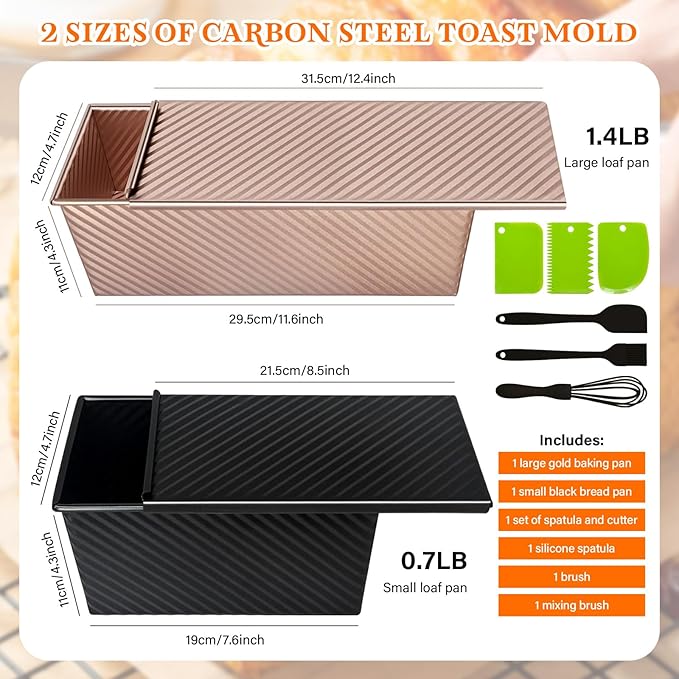 Pullman Loaf Pan Set with Lids – 2 Pack Nonstick Bread Pans for Baking, 2.2lb & 1lb Dough Capacity, Carbon Steel Sandwich Toast Mold for Shokupan, Pain de Mie & Sourdough with Baking Tools