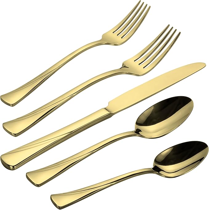 Alata Alice Champagne Gold Mirror 40-Piece Silverware Set Stainless Steel Flatware Set,Service for 8,Mirror Polished Cutlery Set,Dishwasher Safe