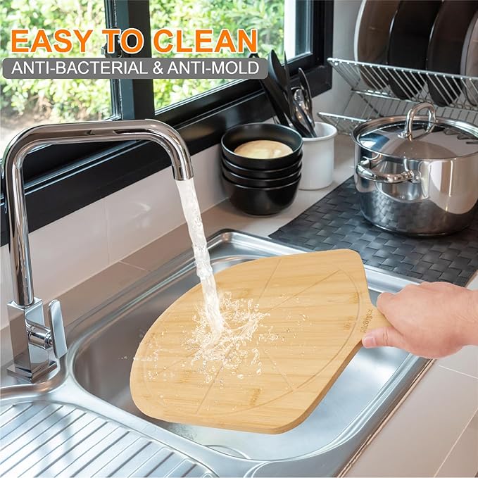 12 inch Natural Bamboo Pizza Peel Set of 2, Double-Sided Use Pizza Cutting Board with 8 Slice Grooves for Pizza, Bread, Cheese, Vegetable, Fruits