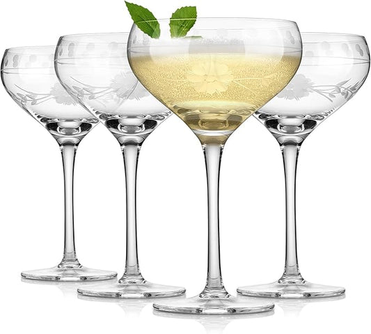 Premium Delight Coupe Glasses Set of 4, 10.8 oz – Hand-Blown with Etched Long Stem, Classic Glassware for Weddings, Dinners, and Holiday Gifting (Coupe Glasses)