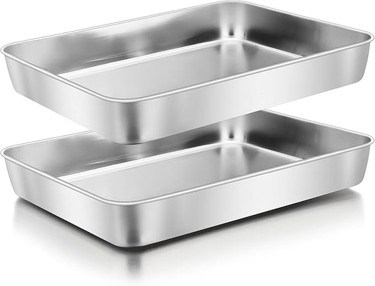 Herogo Rectangle Cake Pan Set of 2, 9 X 12 Inch Stainless Steel Baking Pan for Oven, Lasagna Brownies Casseroles Cakes Bakeware, Dishwasher Safe