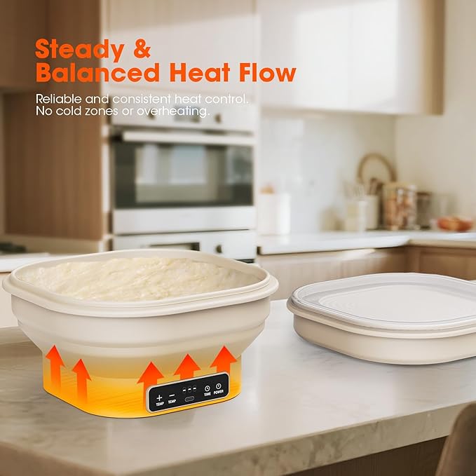 Heating Banneton Bread Proofing Basket Kit, Sourdough Starter Kit, 6 Adjustable Temp (77℉-122℉) Banneton Baking Supplies with Recipe, Smart Thermostatic Silicone Batter Bowl with Timer and LED Display