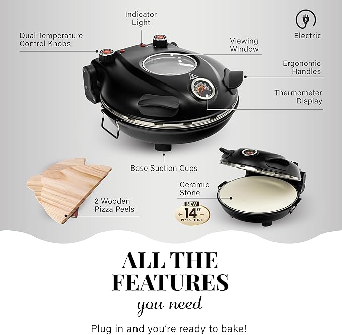 PIEZANO 14 Inch Extra Large Crispy Crust Pizza Oven – Family Sized Electric Pizza Oven Indoor Countertop Maker with Stone Heats up to 800˚F for Stone Baked Pizzeria Style at Home