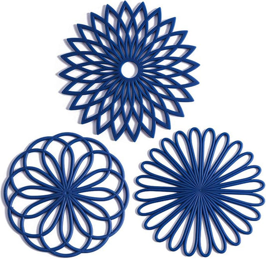 Set of 3 Silicone Trivet Mat - Hot Pot Holder Hot Pads for Table & Countertop - Trivet for Hot Dishes - Non-Slip & Heat Resistant Modern Kitchen Hot Pads for Pots & Pans, Navy Blue