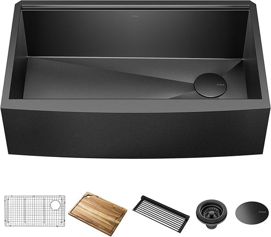 KRAUS Kore Workstation 33-inch Farmhouse Apron Front 16 Gauge Black Stainless Steel Single Bowl Kitchen Sink in PVD Gunmetal Finish with Accessories, KWF210-33/PGM