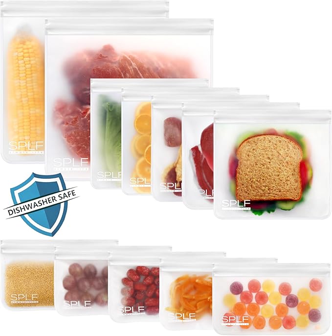 SPLF 12 Pack Dishwasher Safe Reusable Food Storage Bags (5 Sandwich 5 Snack 2 Gallon), BPA Free Freezer Bags Leakproof Silicone and Plastic Free Lunch Bags Fridge Organization