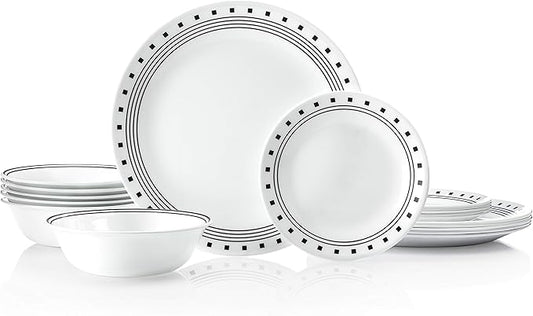 Corelle Vitrelle 18-Piece Service for 6 Dinnerware Set Triple Layer Glass and Chip Resistant, Lightweight Round Plates and Bowls Set, City Block
