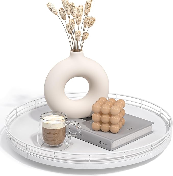 13" Oak Wood Decorative Tray for Home Decor, Tray for Coffee Table Decor Perfume Nightstand Vanity Bathroom Trays for Counter Candle Jewelry Makeup Farmhouse Table Centerpiece for Dining Room White