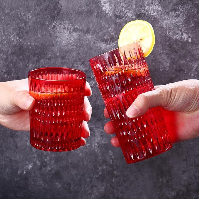 Glassware Drinking Glasses Set of 8, 14 oz Highball Glasses & 10 oz Ribbed Glass Cups, Vintage Glassware for Water, Juice, Cocktail (Christmas Red)