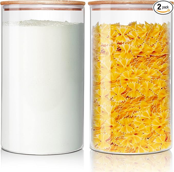 Large Glass Flour and Sugar Containers 180oz x2 [Set of 2], Glass Food Storage Containers with Bamboo Lids, Glass Jar with Airtight Lids for Spaghetti Pasta,Rice,Cereal,Candy,Coffee, Oat
