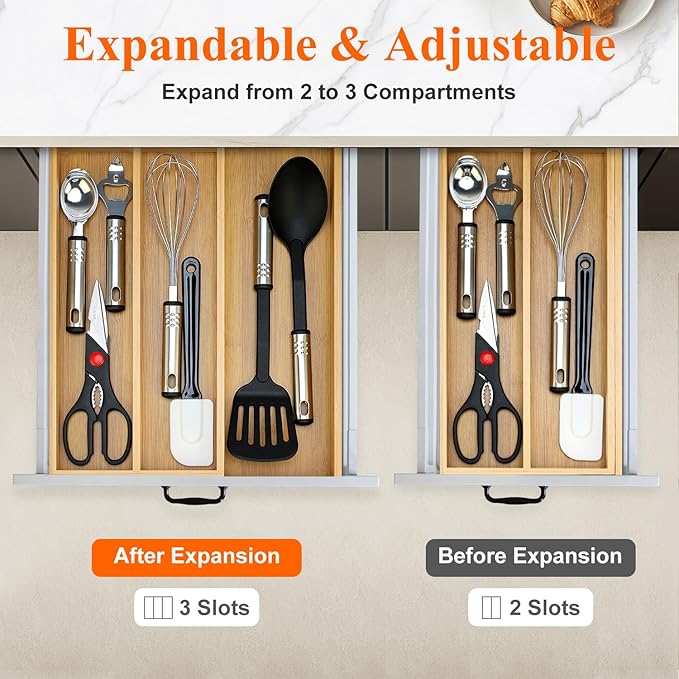 Large Bamboo Silverware Drawer Organizer Tray Kitchen Tool Drawer Divider Organizers Storage Expandable Cooking Utensil Organizer Wooden Cutlery Tray Spoon Flatware Organizers Utensil Holder Drawers