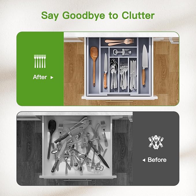 Pipishell Bamboo Expandable Drawer Organizer for Utensils Holder, Adjustable Cutlery Tray, Wood Drawer Dividers Organizer for Silverware, Flatware, Knives in Kitchen, Bedroom, Living Room(M-Grey)