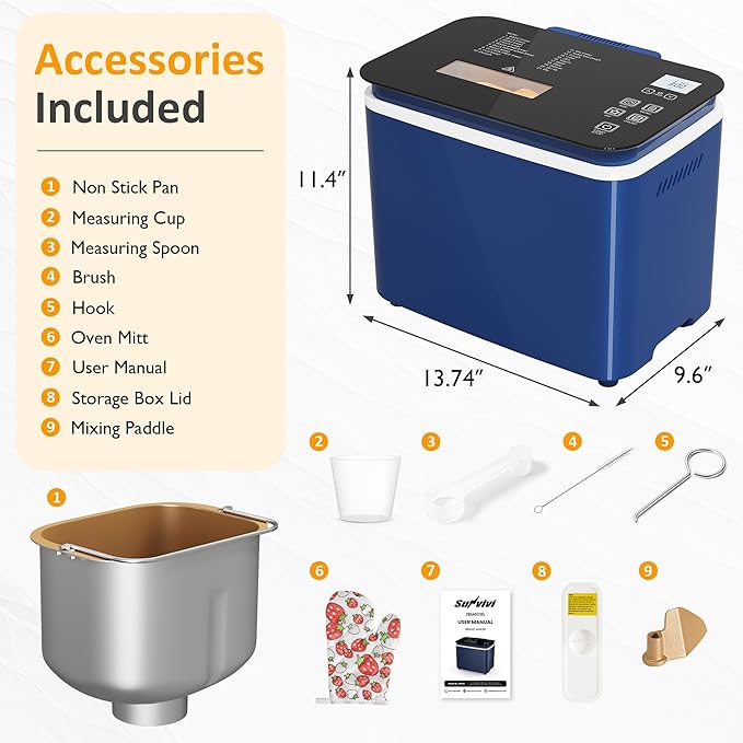 21-in-1 Programmable Bread Machine, 2.2LB Break Maker with Nonstick Pan & Digital Touch Panel, 3 Loaf Sizes 3 Crust Color, Keep Warm & 15H Timer, Bread Making Kit & Breakfast Maker, Blue