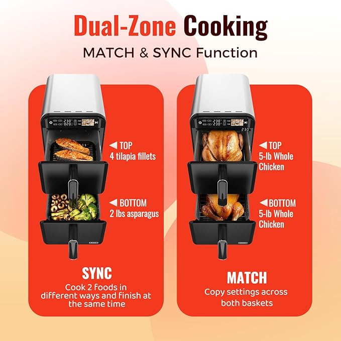 11.6QT Dual Basket Air Fryer Oven, Vertical 2-Basket Design, 6-in-1 Presets Function with Digital Touchscreen, Sync & Match, Easy to Clean, Dishwasher Safe, Family Meals