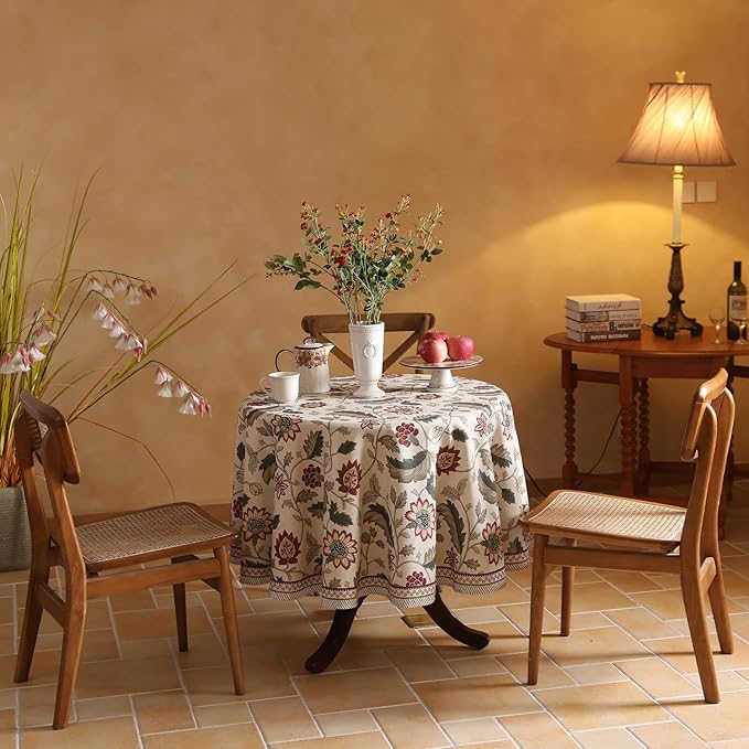 French Tablecloth for Round Tables,Linen Table Cloth with Red Flowers Pattern,Heavy Durable Table Cover for Dining Thanksgiving Kitchen Decor Party Christmas,Diameter 55"