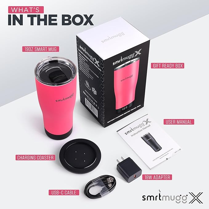 X Heated Coffee Mug 19 oz., 8 Hour Battery Life, Self-Heating, Adjustable Temp Controlled, LCD Screen, Includes Cover with Magnetic Slider (Black) (Hot Pink)