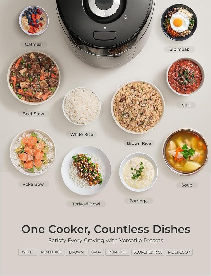 CUCKOO High Pressure Rice Cooker 10-Cup Uncooked / 20-Cup Cooked with Nonstick Inner Pot, Large Rice Maker with 13 Menu Options and Steam Plate, Fuzzy Logic Tech, Auto Clean, Black (CRP-PK1001S)