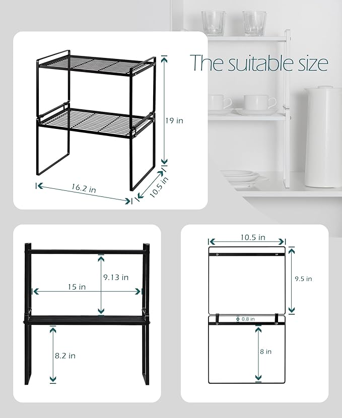 2Pack Kitchen Cabinet Shelf Counter Organizer Rack Pantry Storage Bathroom Bedroom Office Table Desk Space Saving Stackable Rust Resistant Non Slip Black Tall Wide L16.1in W10.6in H9.5in