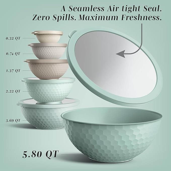 COOK WITH COLOR Mixing Bowls with Lids - 12 Piece Plastic Nesting Bowls Set includes 6 Prep Bowls and 6 Lids, Non Slip Bottom and Embossed Design - Microwave Safe (Mint)