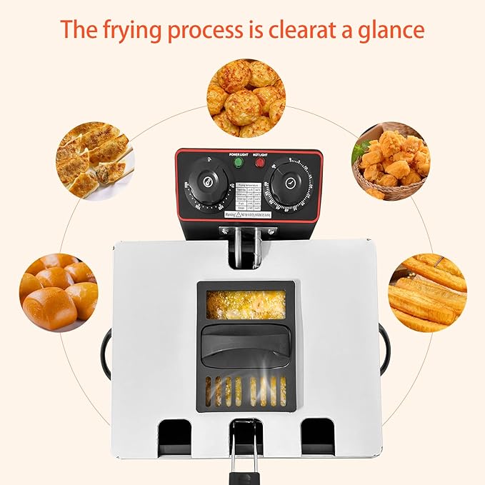 Deep Fryer with Basket for Home Use, Yangbowan Electric Deep Fryer 5L 1300W with Time & Temperature Control,3 Frying Baskets, Stainless Steel Lid with Viewing Window and Perfect for Kitchen, Fish Fry
