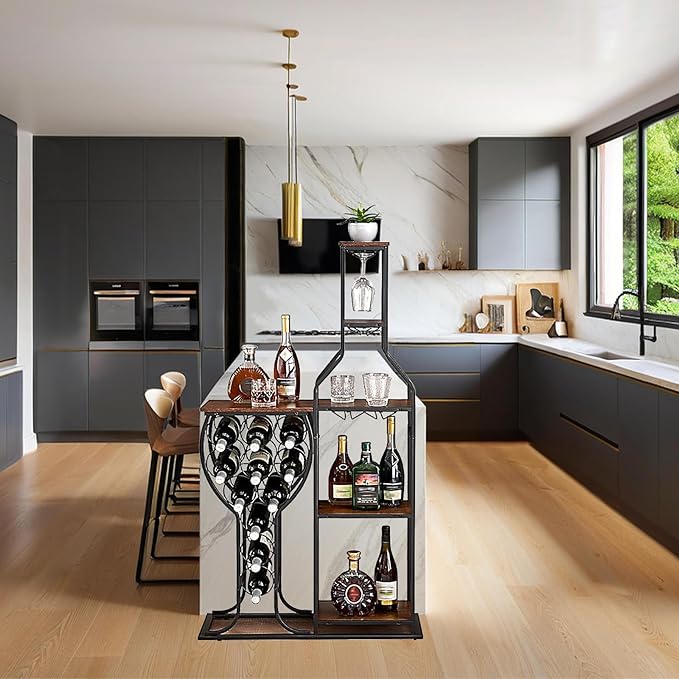 5-Tier Wine Rack Freestanding Floor, 11 Bottles Modern Wooden Wine Holder-Storage Cabinet for Home Bar, Kitchen, Dining Room Space Saving Bar Stand with Easy Assembly.(Brown)