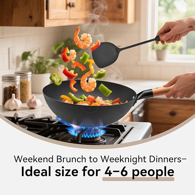 WANGYUANJI 11.8 Inch Iron Wok with Glass Lid, Flat Bottom Stir Fry Pan with Wooden Handle, Non-Coated Naturally Nonstick Skillet, Traditional Chinese Wok for Gas, Electric & Induction Cooking