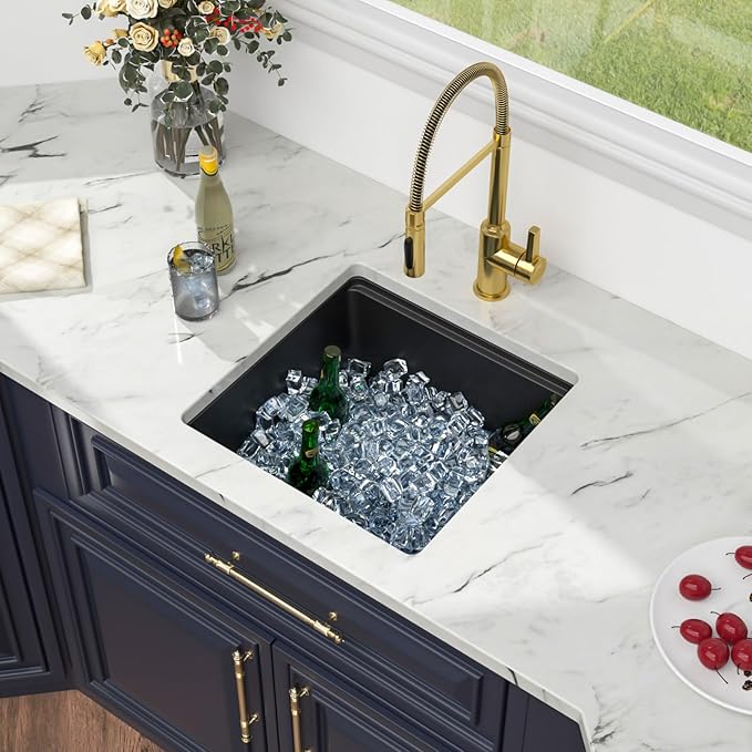 Kichae Black Undermount Bar Sink - 18 x 18 Black Composite Granite Undermount Wet Bar Prep Kitchen Sink