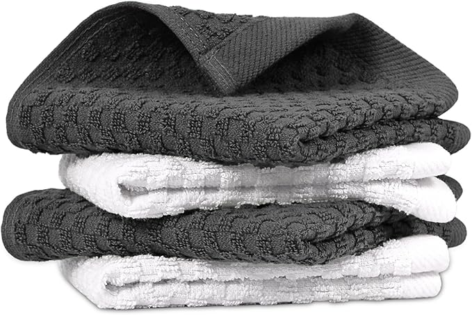 Infinitee Xclusives Premium Dish Cloth 100% Cotton 12 x 12 Inches |Pack of 4| - Ultra Soft Tea Towels - Highly Absorbent Kitchen Rags - Terry Dishcloth for Kitchen and Household Cleaning |Grey|