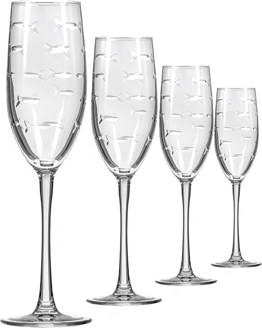 Rolf Glass School of Fish 8oz Champagne Flute Glass | Toasting Flute Glasses | Lead-Free Glass | Etched Flute Glasses | Proudly Made in the USA (Set of 4)