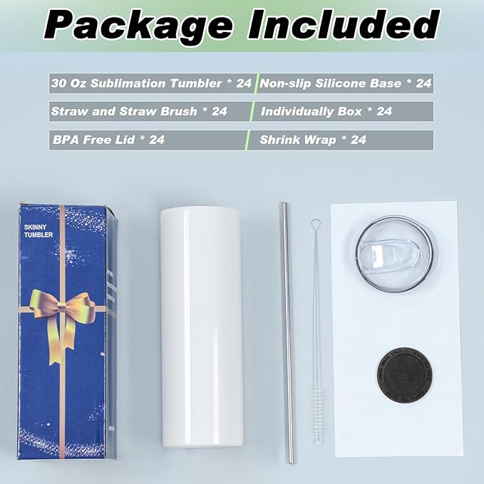 30 Oz Sublimation Tumblers Bulk (24 Pack) - Stainless Steel Double Wall Vacuum Insulated Cups With Straw, Individually Boxed