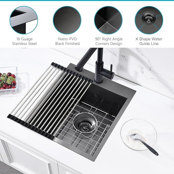 15 Black Drop In Kitchen Bar Sink, ZDHHT 15 x 18 x 10 Inches 16 Gauge T304 Black Stainless Steel Topmount Small Kitchen Sink Bar Prep Outdoor Sink RV Sink