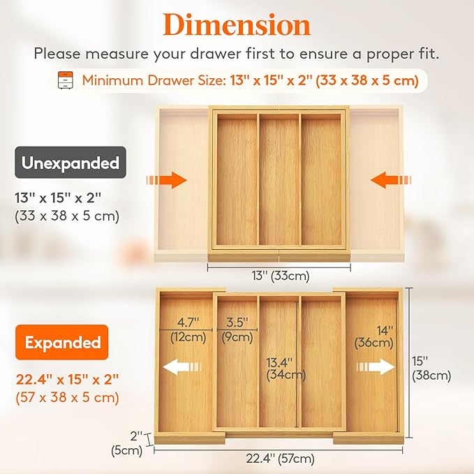 Lifewit Utensil Organizer for Kitchen Drawer, Expandable 13 to 22.4 Inches Wide, Adjustable Cooking Silverware Tray, Bamboo Cutlery Flatware Holder, Spatula Tools and Gadgets Storage Divider, Natural