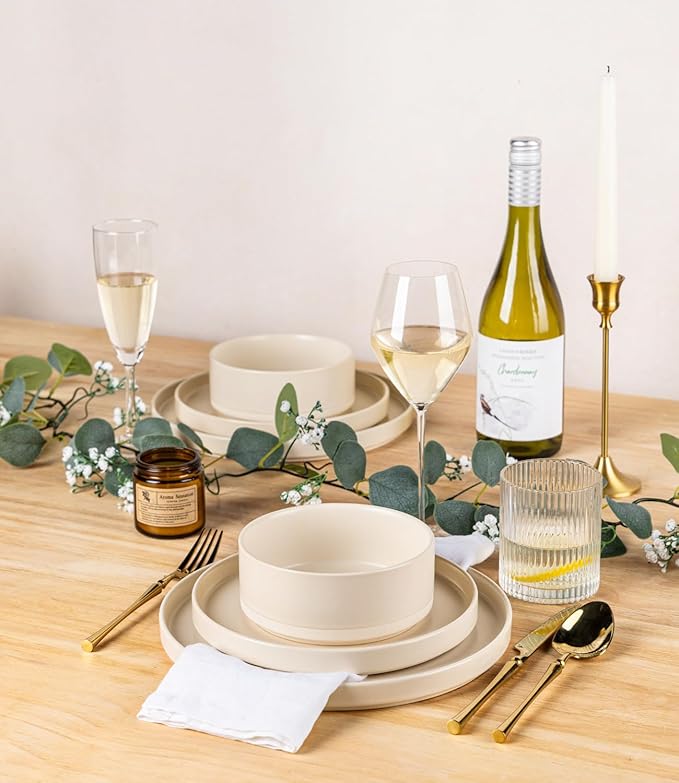 TheTerra Ceramic Dinnerware Sets for 4, 12 Pieces Handmade Reactive Glaze Plates and Bowls Set, Scratch Resistant Dish Set, Oven & Microwave & Dishwasher Safe, Matte White