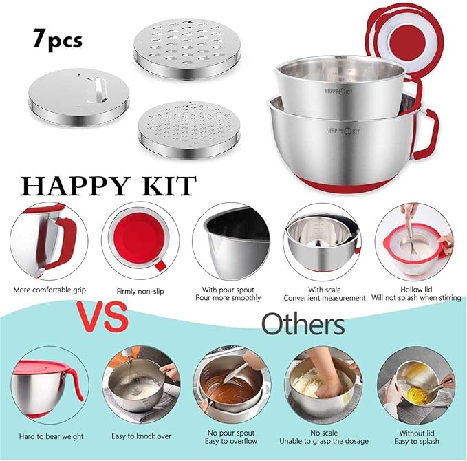 HAPPY KIT 18/8 Mixing Bowls with Lids Set of 2,Stainless Steel Mixing Bowl with Pour Spout, Non-slip Handle and Bottoms, 3 Grater Attachments, Measurement Marks & Lid, Size 5, 3QT(Red)