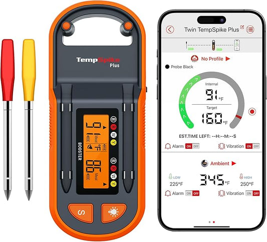 ThermoPro TempSpike Wireless Meat Thermometer with 2 Ultra-Thin Meats Probes, Bluetooth Meat Thermometer with Stand-Alone LCD Booster for BBQ, Oven, Grill, Kitchen, Smoker, Rotisserie, Red and Yellow