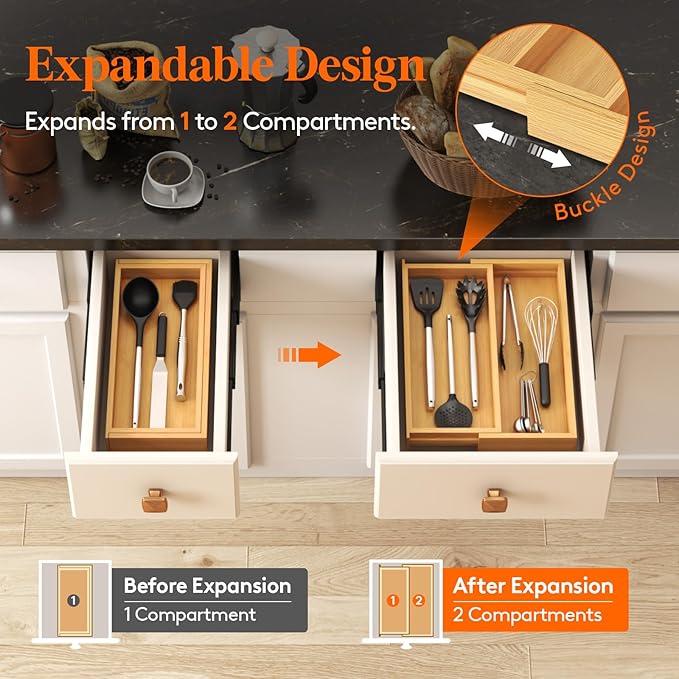 Lifewit Utensil Drawer Organizer, Expendable Cooking Silverware Tray for Kitchen Drawer, Bamboo Adjustable Cutlery Flatware Holder, Spatula Tools and Gadgets Storage Divider, 3 Compartments, Natural