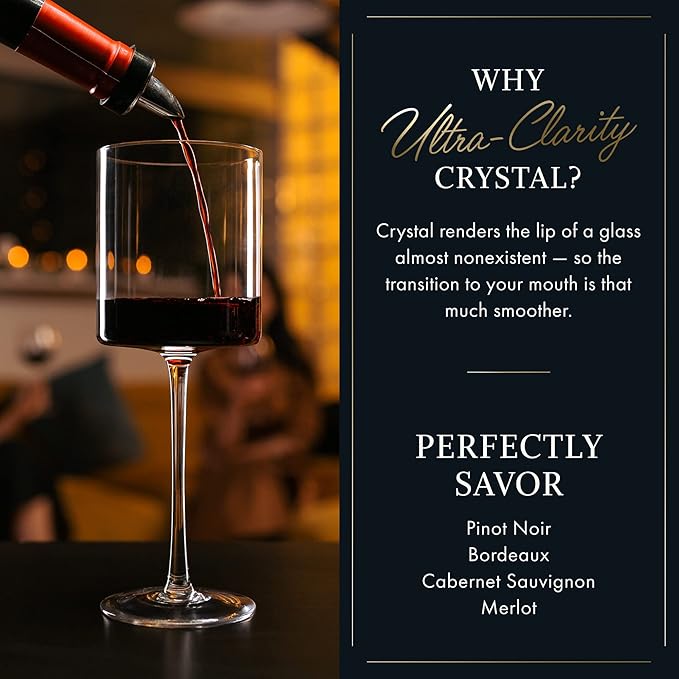 ELIXIR GLASSWARE Wine Glasses Set of 4-17oz - Square, Large Red or White Wine Glasses - Hand Blown Long Stem Crystal Wine Glass Set - Housewarming Gifts