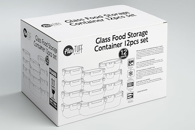 24pcs Set Food Storage Containers (12 Airtight & 12 Lids) | Glass Meal Prep Containers | Lunch Box | BPA Free, Leakproof Lids, Dishwasher, Microwave & Freezer Safe for Kitchen