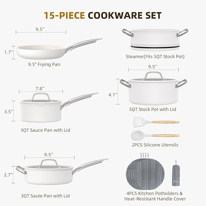 15 Pcs Pots and Pans Set Non Stick, Ceramic Cookware Set with Steamer, Non-Toxic Kitchen Cooking Set with Stay-Cool Ergonomic Handles, Oven & Dishwasher Safe, PFOS & PFOA Free (Cream White)