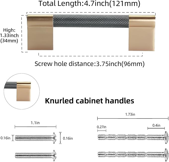 10 Pack 3-3/4 inch(96mm) Black and Champagne Copper Kitchen Cabinet Handles Knurled Cabinet Pulls Black Drawer Pulls