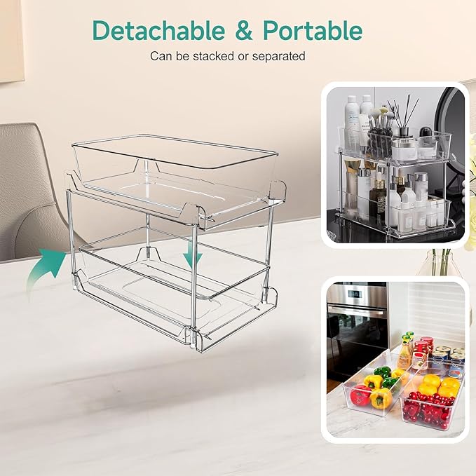 2 Pack Clear Under Sink Organizers, Pull Out Cabinet Organizer,2 Tier Bathroom Storage Organizer,Cabinet Drawers Organization Bins with Track for Kitchen,Pantry,Fridge,Vanity