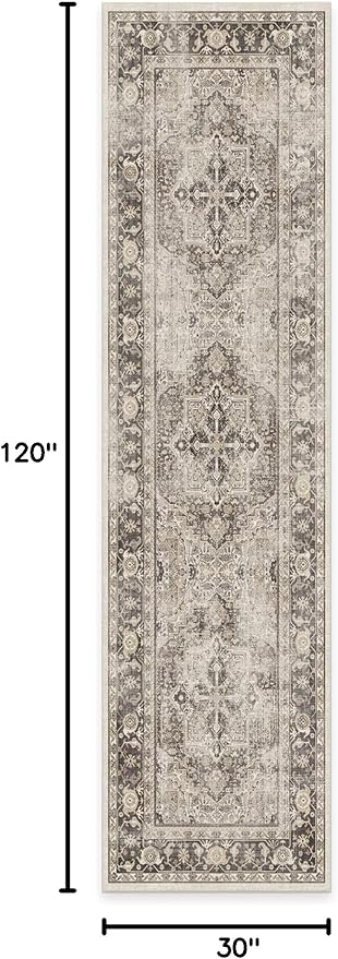 RUGGABLE Washable Vintage Runner Rug – Kamran Hazel 2.5x10, Stain-Resistant, Non-Slip Hallway Runner – Machine Washable Rug for Hallway, Entryway, Living Room & Kitchen–with Standard Pad