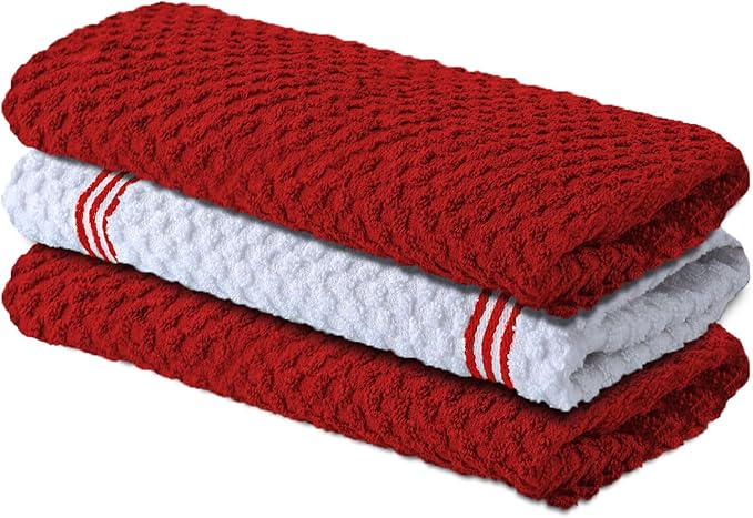 Infinitee Xclusives Premium Kitchen Towels – Pack of 3, 100% Cotton |15 x 25| Inches Absorbent Dish Towels - Terry Kitchen Dishcloth Towels - Red Dish Cloth for Household Cleaning