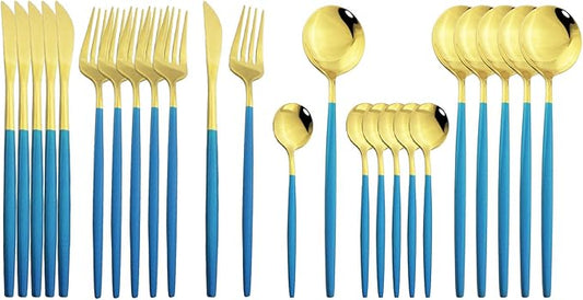 JASHII Flatware Serving Set 24 Piece, Stainless Steel Silverware Set, Blue Gold Cutlery Set, Modern Elegant Tableware Set for Party, Christmas, Dinner (Blue Gold)