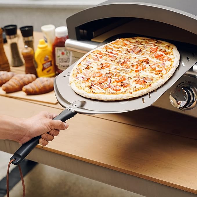 Q Pizza Perforated Pizza Peel 14", Non-stick Pizza Turning Paddle Pizza Oven Accessory, Extra Large Metal Pizza Spatula for Grill Oven Baking Bread Pastry Dough Pie Cake, Aluminium PT204