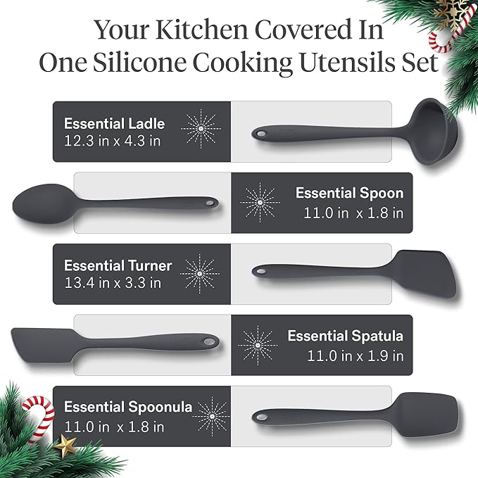 GIR: Get It Right 5 Piece Silicone Essentials Kitchen Utensils Set - Ladle, Spatula, Flip, Spoon & Spoonula - Non-Toxic Cooking Utensils for Nonstick Cookware, Cooking and Baking - Charcoal