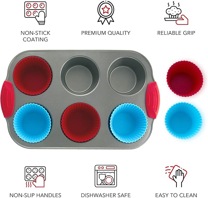 Boxiki Kitchen Non-Stick Steel 6 Cup Muffin Pan with Silicone Handles and Reusable Liners - Perfect for Baking Large Muffins and Cupcakes